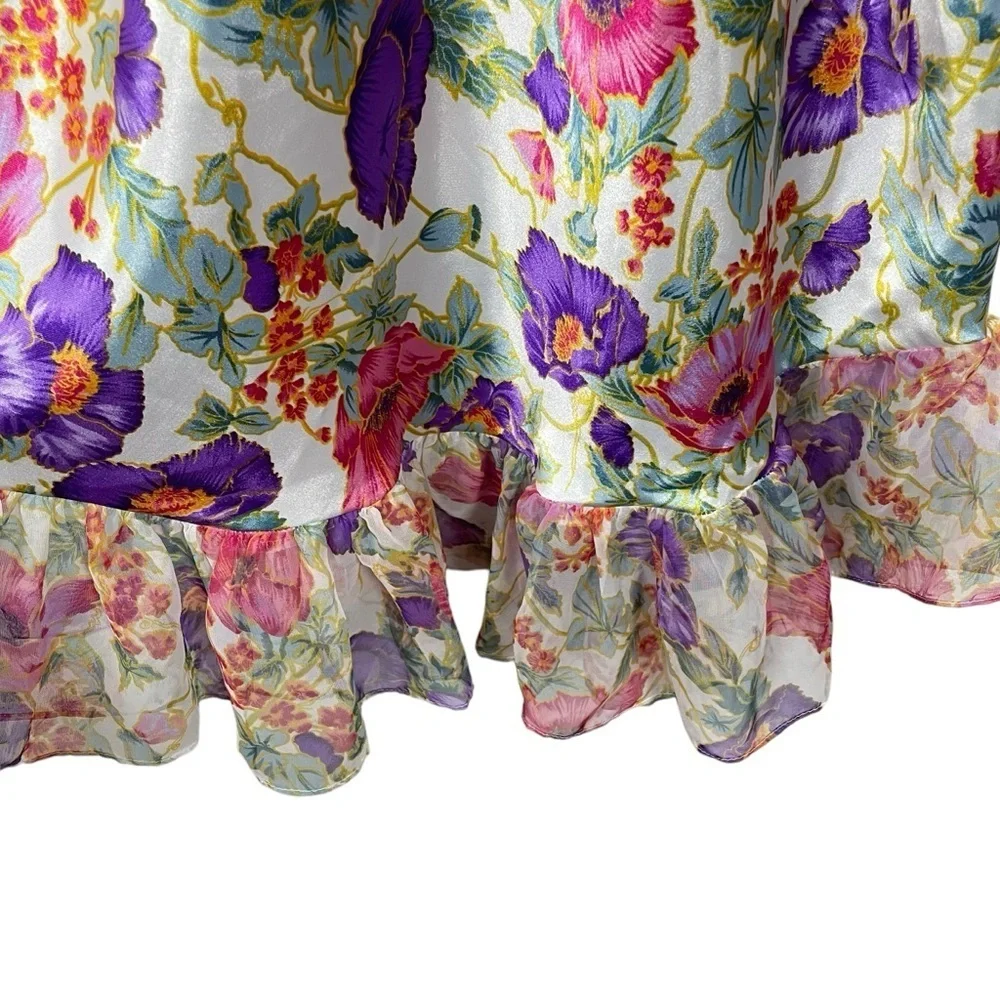 VINTAGE Satin Floral Ruffle Mini Slip Dress in White/Pink/Purple OS - Picture 5 of 8